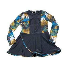 Jasambac Large Long Sleeve Swim Dress Tropical Print One Piece Padded Bra